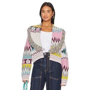 Hayley Menzies Charming Birds Merino Jacquard Fringe Bomber Cardigan Print M